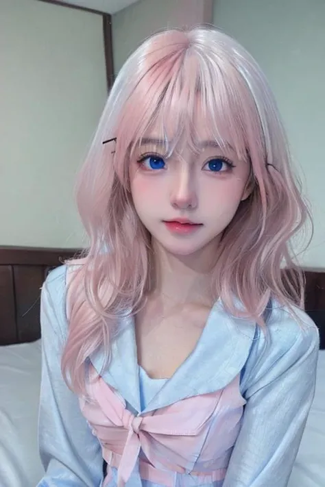 (masterpiece), (high quality), (8k resolution), (RAW photo), (best quality), (masterpiece:1.5), (realistic:1.5), ((photo realistic)), vibrant details, hyper realistic,1girl, (cute:1.2), beautiful, high-quality and detailed face, perfect face, (white hair And light pink hair:1.4), rosy cheeks, detailed eyes, (blue eyes),colorful eyes,(watery eyes),nsfw, nude, slender body, looking at viewer, closed mouth, real human skin, shiny skin, mid breasts, ((school uniform)), sitting, bed, <lora:cuteKoreanGirlLora_cuteKoreanGirlLora:0.3> <lora:chineseGirl_v10:0.5> <lora:lorav2-000008:0.7>