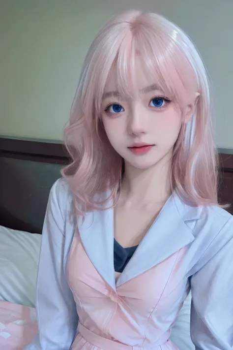 (masterpiece), (high quality), (8k resolution), (RAW photo), (best quality), (masterpiece:1.5), (realistic:1.5), ((photo realistic)), vibrant details, hyper realistic,1girl, (cute:1.2), beautiful, high-quality and detailed face, perfect face, (white hair And light pink hair:1.4), rosy cheeks, detailed eyes, (blue eyes),colorful eyes,(watery eyes),nsfw, nude, slender body, looking at viewer, closed mouth, real human skin, shiny skin, mid breasts, ((school uniform)), sitting, bed, <lora:cuteKoreanGirlLora_cuteKoreanGirlLora:0.3> <lora:chineseGirl_v10:0.5>  <lora:lorav2-000008:0.7>