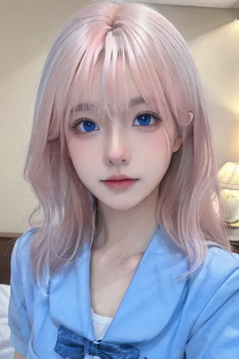 (masterpiece), (high quality), (8k resolution), (RAW photo), (best quality), (masterpiece:1.5), (realistic:1.5), ((photo realistic)), vibrant details, hyper realistic,1girl, (cute:1.2), beautiful, high-quality and detailed face, perfect face, (white hair And light pink hair:1.4), rosy cheeks, detailed eyes, (blue eyes),colorful eyes,(watery eyes),nsfw, nude, slender body, looking at viewer, closed mouth, real human skin, shiny skin, mid breasts, ((school uniform)), sitting, bed, <lora:cuteKoreanGirlLora_cuteKoreanGirlLora:0.3> <lora:chineseGirl_v10:0.5> <lora:lorav2-000008:0.7>