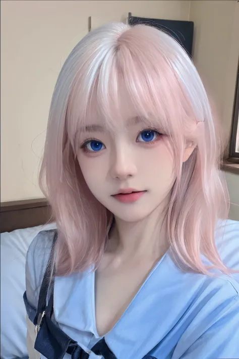 (masterpiece), (high quality), (8k resolution), (RAW photo), (best quality), (masterpiece:1.5), (realistic:1.5), ((photo realistic)), vibrant details, hyper realistic,1girl, (cute:1.2), beautiful, high-quality and detailed face, perfect face, (white hair And light pink hair:1.4), rosy cheeks, detailed eyes, (blue eyes),colorful eyes,(watery eyes),nsfw, nude, slender body, looking at viewer, closed mouth, real human skin, shiny skin, mid breasts, ((school uniform)), sitting, bed, <lora:cuteKoreanGirlLora_cuteKoreanGirlLora:0.3> <lora:chineseGirl_v10:0.5> <lora:lorav2-000008:0.7>