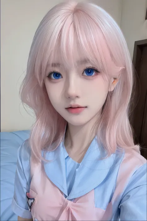 (masterpiece), (high quality), (8k resolution), (RAW photo), (best quality), (masterpiece:1.5), (realistic:1.5), ((photo realistic)), vibrant details, hyper realistic,1girl, (cute:1.2), beautiful, high-quality and detailed face, perfect face, (white hair And light pink hair:1.4), rosy cheeks, detailed eyes, (blue eyes),colorful eyes,(watery eyes),nsfw, nude, slender body, looking at viewer, closed mouth, real human skin, shiny skin, mid breasts, ((school uniform)), sitting, bed, <lora:cuteKoreanGirlLora_cuteKoreanGirlLora:0.3> <lora:chineseGirl_v10:0.5> <lora:lorav2-000008:0.7>