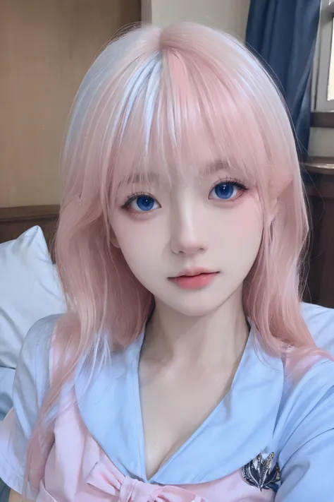 (masterpiece), (high quality), (8k resolution), (RAW photo), (best quality), (masterpiece:1.5), (realistic:1.5), ((photo realistic)), vibrant details, hyper realistic,1girl, (cute:1.2), beautiful, high-quality and detailed face, perfect face, (white hair And light pink hair:1.4), rosy cheeks, detailed eyes, (blue eyes),colorful eyes,(watery eyes),nsfw, nude, slender body, looking at viewer, closed mouth, real human skin, shiny skin, mid breasts, ((school uniform)), sitting, bed, <lora:cuteKoreanGirlLora_cuteKoreanGirlLora:0.3> <lora:chineseGirl_v10:0.5> <lora:lorav2-000008:0.7>