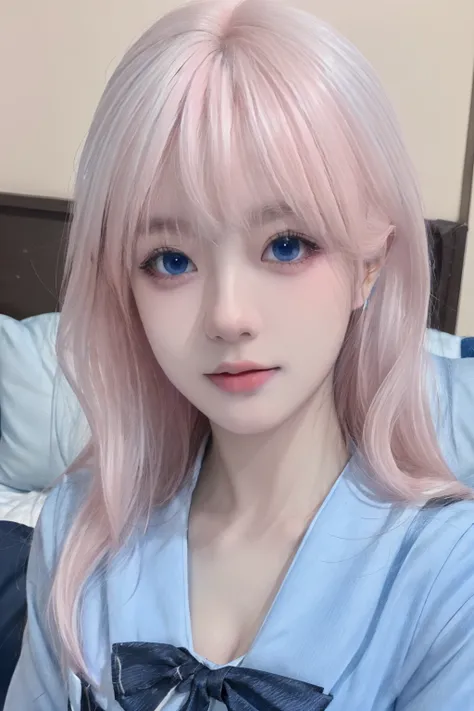 (masterpiece), (high quality), (8k resolution), (RAW photo), (best quality), (masterpiece:1.5), (realistic:1.5), ((photo realistic)), vibrant details, hyper realistic,1girl, (cute:1.2), beautiful, high-quality and detailed face, perfect face, (white hair And light pink hair:1.4), rosy cheeks, detailed eyes, (blue eyes),colorful eyes,(watery eyes),nsfw, nude, slender body, looking at viewer, closed mouth, real human skin, shiny skin, mid breasts, ((school uniform)), sitting, bed, <lora:cuteKoreanGirlLora_cuteKoreanGirlLora:0.3> <lora:chineseGirl_v10:0.5>  <lora:lorav2-000008:0.7>