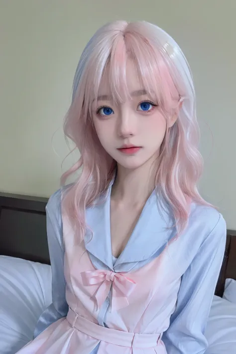 (masterpiece), (high quality), (8k resolution), (RAW photo), (best quality), (masterpiece:1.5), (realistic:1.5), ((photo realistic)), vibrant details, hyper realistic,1girl, (cute:1.2), beautiful, high-quality and detailed face, perfect face, (white hair And light pink hair:1.4), rosy cheeks, detailed eyes, (blue eyes),colorful eyes,(watery eyes),nsfw, nude, slender body, looking at viewer, closed mouth, real human skin, shiny skin, mid breasts, ((school uniform)), sitting, bed, <lora:cuteKoreanGirlLora_cuteKoreanGirlLora:0.3> <lora:chineseGirl_v10:0.5> <lora:lorav2-000008:0.7>