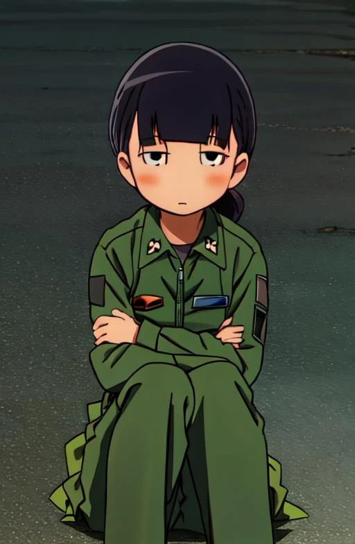 1girl, solo, ririko kinutsugai, military uniform, upper body, pants, looking at viewer, closed mouth, sitting arms wrapped around legs, <lora:ririko-hisomaso:0.8>