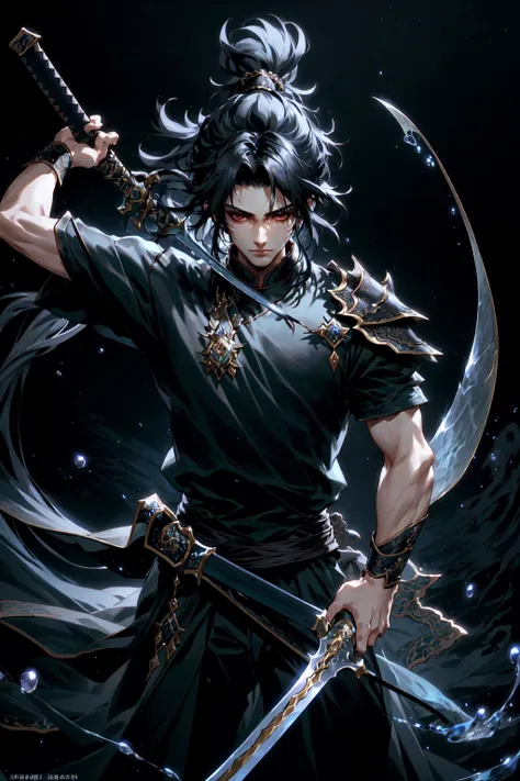 masterpiece, official art, best quality , extremely detailed, fantasyv2, solo, 1boy, male focus, long hair, black hair, closed mouth, ponytail, holding, holding sword, sword, water, depth of field, rembrandt lighting, chinese clothes , <lora:fantasyv2:0.6>