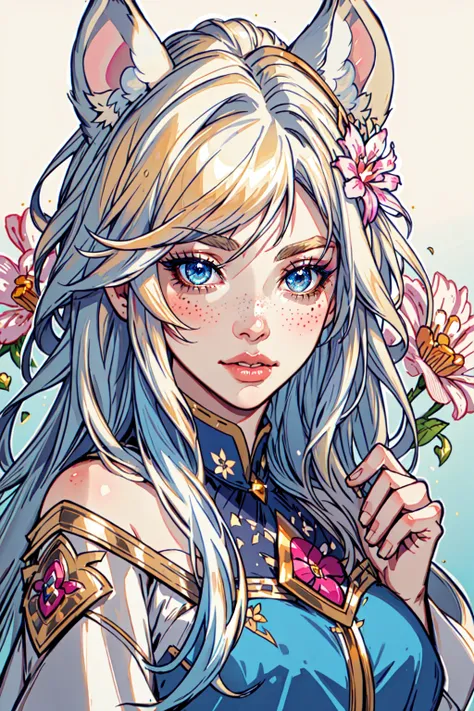 masterpiece, official art, best quality , extremely detailed,fantasyv2, 1girl, solo, long hair, looking at viewer, bangs, blue eyes, blonde hair, hair ornament, animal ears, jewelry, upper body, flower, white hair, sidelocks, multicolored hair, parted lips, hair flower, lips, gradient, eyelashes, makeup, animal, blue background, portrait, pink flower, eyeshadow, freckles, nose, mouse, animal on shoulder <lora:fantasyv2:0.8>