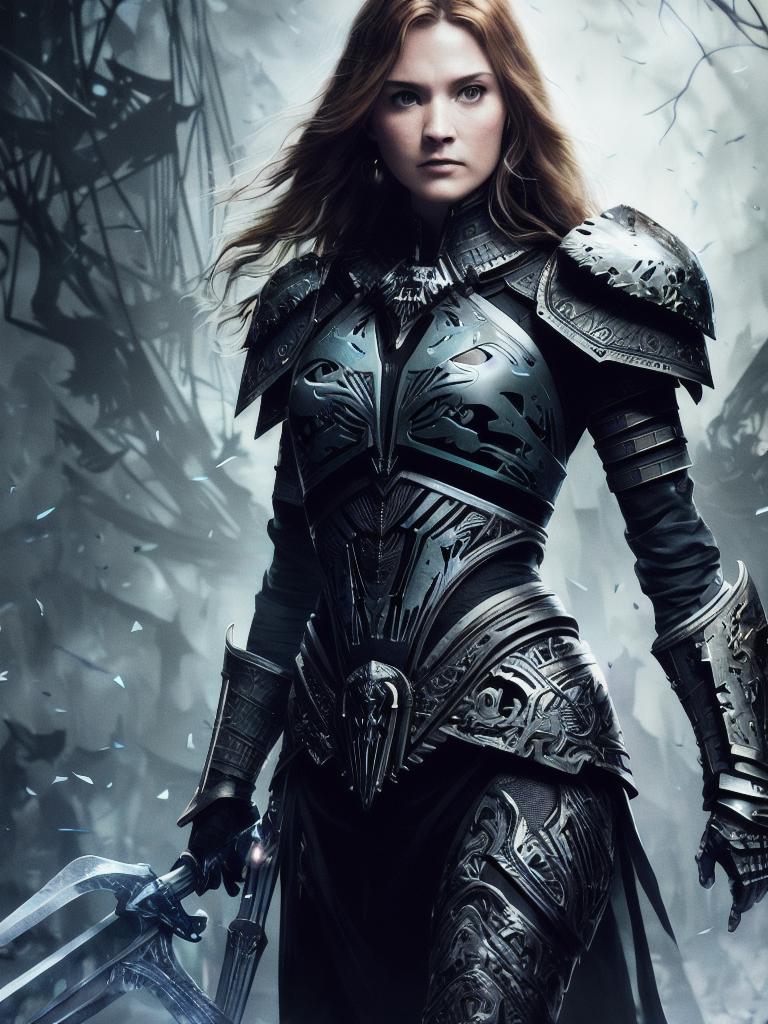 A woman in armor holding a sword in a snowy forest - SeaArt AI
