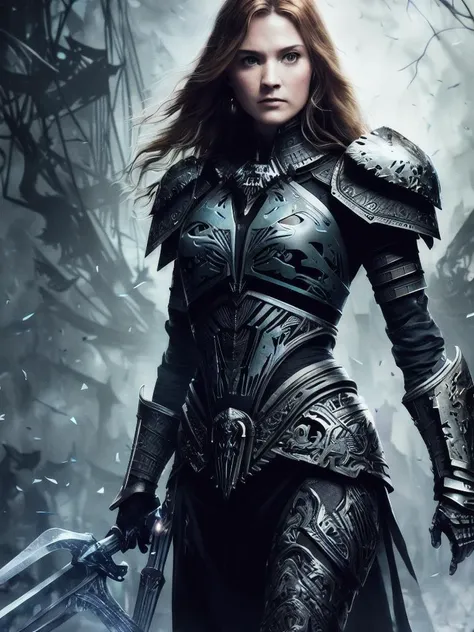 A woman in armor holding a sword in a snowy forest - SeaArt AI