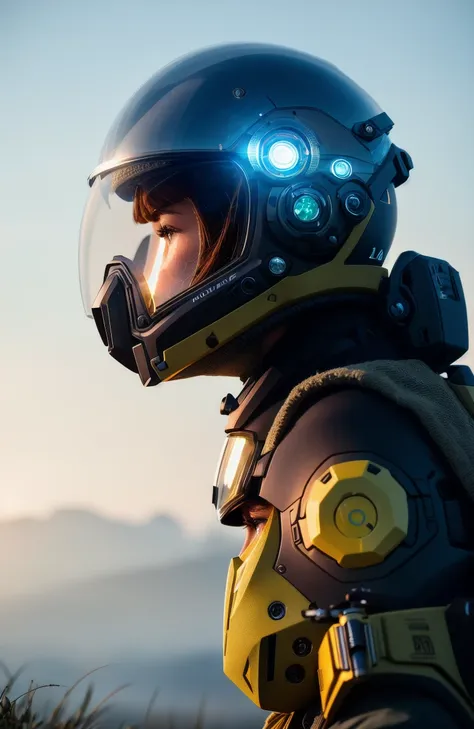 award winning closeup photo of a female (sci-fi explorer:1.3) wearing helmet with hexagonal glass visor, [Style-Psycho::10], beside a (crashed vehicle:1.2), (smoke:1.4), looking out over a verdant alien planet, (mountains:1.2) (tall grass:1.2), rocks, highly detailed, fine detail, (intricate:1.3), (lens flare:0.6), (backlighting:0.8), (bloom:0.8), shallow depth of field