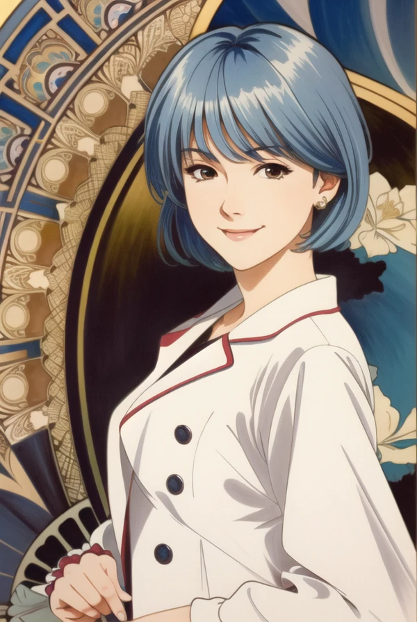 masterpiece portrait of smiling Rei Ayanami \(evangelion\), evangelion \(Hideaki\), caustics, textile shading, high resolution illustration, red eyes, feminine, no pupils, blue hair, short hair, ligne claire, flat color, limited palette, low contrast, (backlighting), realistic, masterpiece, highest quality, intricate school uniform, by (Alphonse Mucha), digital painting, fullbody, school, school classroom background, ((bento breakfast))