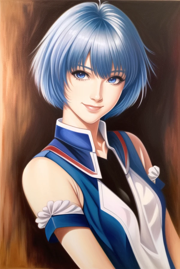 masterpiece portrait of smiling Rei Ayanami \(evangelion\), evangelion \(Hideaki\), caustics, textile shading, high resolution illustration, red eyes, feminine, no pupils, blue hair, short hair, (backlighting), realistic, masterpiece, highest quality, intricate school uniform, digital painting, fullbody