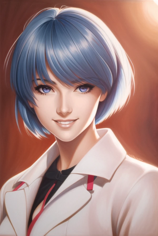 masterpiece portrait of smiling Rei Ayanami \(evangelion\), evangelion \(Hideaki\), caustics, textile shading, high resolution illustration, red eyes, feminine, no pupils, blue hair, short hair, (backlighting), realistic, masterpiece, highest quality, intricate school uniform, by (WLOP), digital painting, fullbody, (((dancing)))
