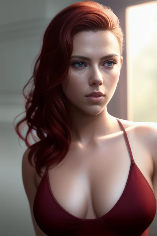 Scarlett Johansson in (ragged) red top, (blood on face),  sexy shorts,  (look trough nipples), (small breasts), highly detailed, artstation, smooth, sharp focus, 8K, art by art by artgerm and greg rutkowski and edgar maxence., [[pigtails]],best quality, highest quality, cinematic lighting, (volumetric lighting), extremely detailed CG unity 8k wallpaper, focused, 4k wallpaper, ultra realistic,sharp focus, (high contrast), photograph, smooth, detailed background