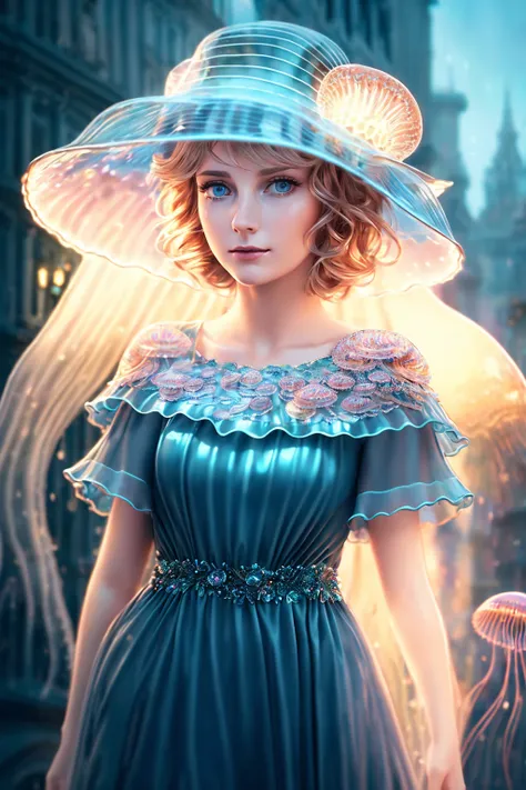 (extremely detailed CG unity 8k wallpaper), a beautiful young woman in the rain with (jellyfish hat:1.2), sundress, (Style-Empire), (Style-Glass:1.15), medieval streets, (((surrealism))), full_body_shot, dramatic, backlit, volumetric lighting, detailed face, highly detailed, painting