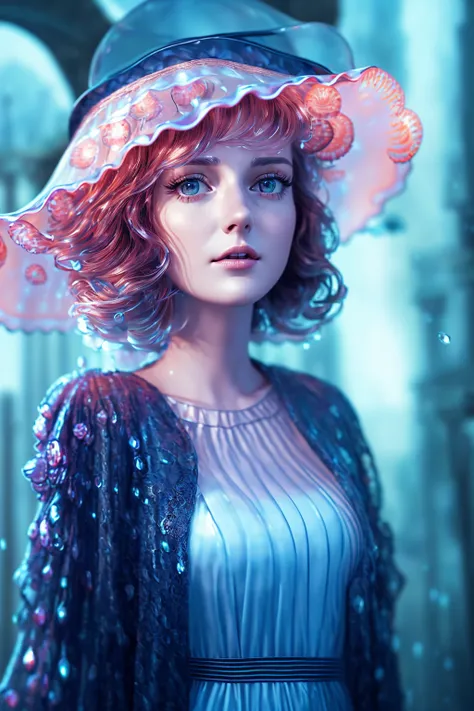 (extremely detailed CG unity 8k wallpaper), a beautiful young woman in the rain with (jellyfish hat:1.2), sundress, (Style-Empire), (Style-Glass:1.15), medieval streets, full_body_shot, dramatic, backlit, volumetric lighting, detailed face, highly detailed, painting