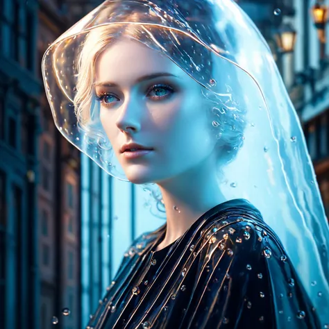 a beautiful young woman in the rain with jellyfish, medieval street, Style-Empire, Style-Glass, (((surrealism))), full_body_shot, dramatic, backlit, volumetric lighting, detailed face, realistic face, highly detailed, painting, photorealisitc