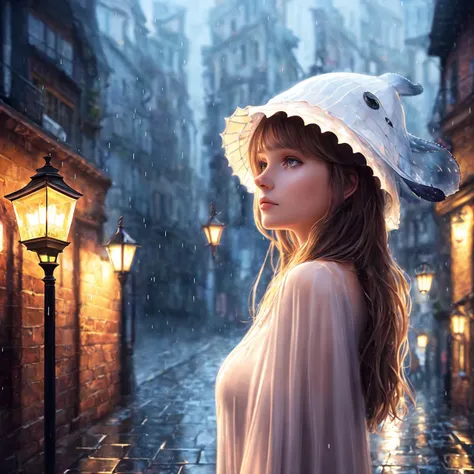 (extremely detailed CG unity 8k wallpaper), a beautiful young woman in the rain with (whale hat:1.2), sundress, medieval alley with fireflies and lanterns, Style-Autumn, (Style-Glass), (((surrealism))), full body portrait, dramatic, backlit, volumetric lighting, detailed face, highly detailed, painting