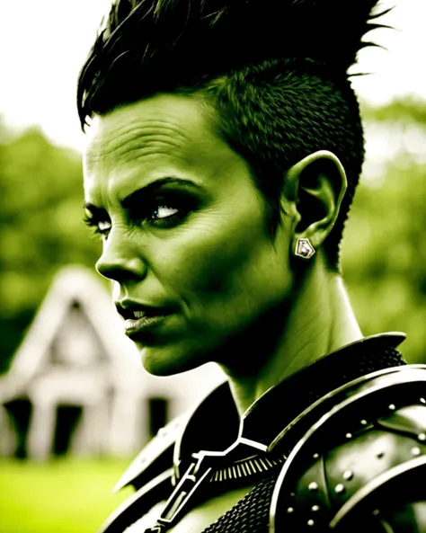 torso portrait, charlize theron as a green orc wearing armor made of bones, green skin, fantasy village in the background, black mohawk hair, tense atmosphere, cinematic lighting, film grain, vignette