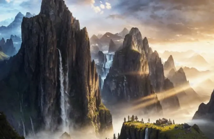 award winning photo of a beautiful landscape with a [mountainous horizon], (light rays), waterfall, magnificent, luxury, detailed, sharp focus, low angle, high detail, volumetric, illustration, cold lighting, by jordan grimmer and greg rutkowski, trending on artstation, Style-Swiss