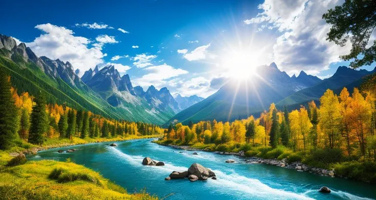 detailed background, masterpiece, best quality, scenery, mountains, river, forest, sun, day, clouds