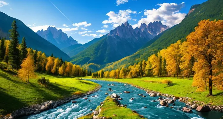 detailed background, masterpiece, best quality, scenery, mountains, river, forest, sun, day, clouds