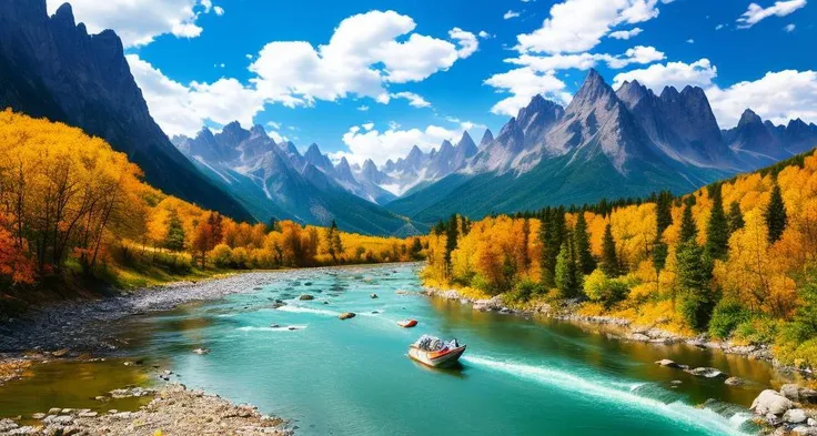 detailed background, masterpiece, best quality, scenery, mountains, river, forest, sun, day, clouds