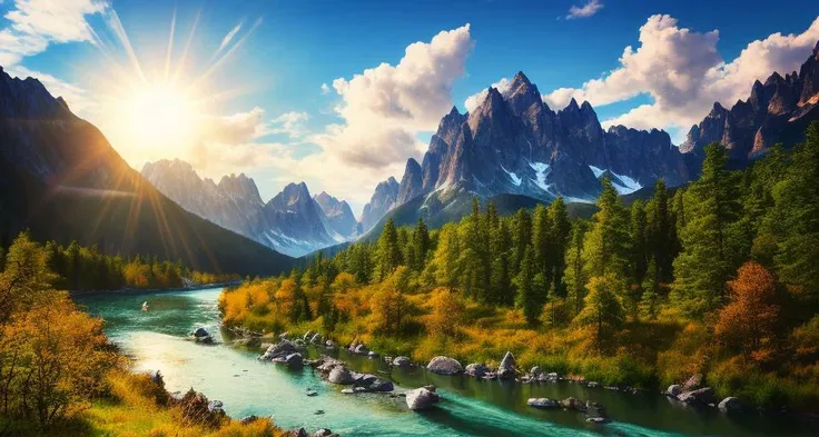 detailed background, masterpiece, best quality, scenery, mountains, river, forest, sun, day, clouds