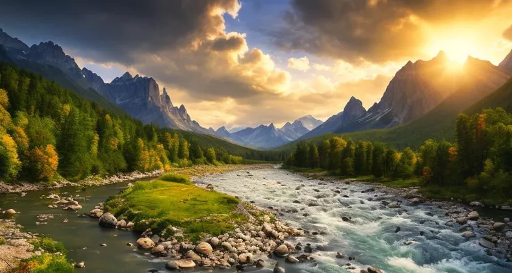 detailed background, masterpiece, best quality, scenery, mountains, river, forest, sun, day, clouds