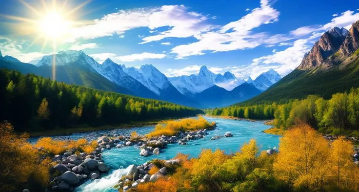 detailed background, masterpiece, best quality, scenery, mountains, river, forest, sun, day, clouds