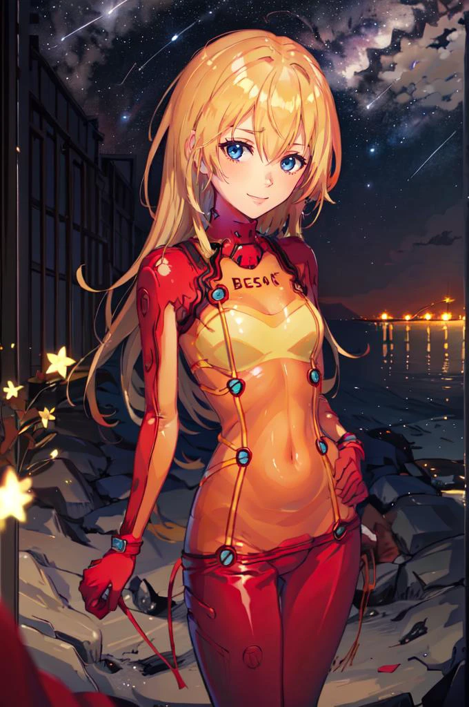 standing, smile, (night sky:1.3), shooting star, sea, beach, night, <lora:namine_v1:0.7> aanamine, blonde hair, <lora:asuka_langley_soryu_bodysuit:0.9> asuka_langley_soryu_bodysuit, see-through,, absurdres, ultra detailed, masterpiece, best quality, aesthetic, detailed,