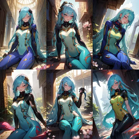 (otherworldly, otherworldly atmosphere, otherworldly appearance), highly insanely detailed, masterpiece, top quality, best quality, highres, 4k, 8k, RAW photo, ((ancient egyptian theme:1.2)), 
(mystical theme), mystical gatmosphere, arcane sanctuaries, otherwordly aura, 
(long_hair, long hair, random colors hair, glowing hair, hair over one eye, long messy hair), 
(eyelashes, eyeliner, eyeshadow, eyelashes, long eyelashes), 
collar, earrings, jewelry, necklace, armlet, 
tentacle, (underwater), nsfw, 
Homestay, Resort, Guest House, 
building, structure, still life, swirling energy, 
action pose, 
drunk, closed eyes, 
abandoned building, shopping mall, overgrown with vegetation, [volumetric fog], cinematic lighting, colorful, 
<lora:Hishizaki_Shaia:0.7>, Shaia, 1girl, solo, breasts, nipples, long hair, leotard, pantyhose, blue hair, blue eyes, see-through, ponytail, red leotard, one eye closed, gloves, high ponytail, large breasts, lipstick, makeup, jewelry, fingerless gloves, looking at viewer, room, bed, nail polish, armor, shoulder armor, leaning forward, 1990s (style), smile, bridal gauntlets, hanging breasts, earrings, revealing clothes, bent over, 
1990s \(style\), retro artstyle, (fantasy world)