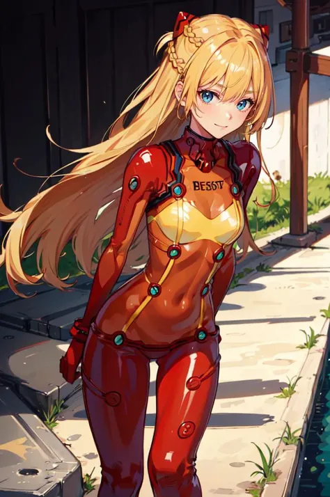 Lancer Artoria body (Alexis Texas Face), elegant adult female, blonde, green eyes (yellow eyelashes) crown, turtleneck, full body sitting on a bench, showing ass to me, RED breastplate, RED skin (1SologirlRED skin:1.2), looking at viewer, shiny, armor, thigh highs, high boots, pauldrons shoulder armor, faulds, poleyn, RED gloves gauntlets, rerebrace, RED military armored boots, yordle muscular lean platinum blonde long twin tails hairstyle at the bedroom lustful smirking smile face red blushed, blush, strong abs, female body builder, tiara, twin drills hair, (masterpiece, best quality, ultra detailed, best shadow)