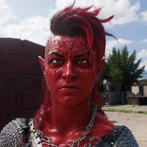 Karlach, red skin, yellow eyes, chainmail, in hell