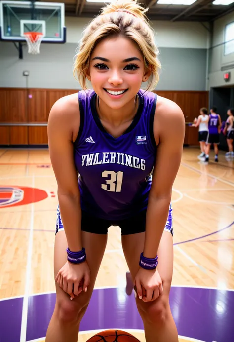 (medium full shot) of (photogenic basketball player) young woman, mexican, tan skin, brown eyes, Medium build, short blonde side-swept hair, wearing a purple sleeveless jersey, compression shorts, athletic sneakers, holding a basketball,  wristbands, set in  Indoor Court, polished wooden floor, professional-grade basketball hoops, bright overhead lighting, team logos painted on the floor, bleachers for spectators, woman laughing, arms crossed,  ,Masterpiece,best quality, photo, realistic, very aesthetic, detailed face,