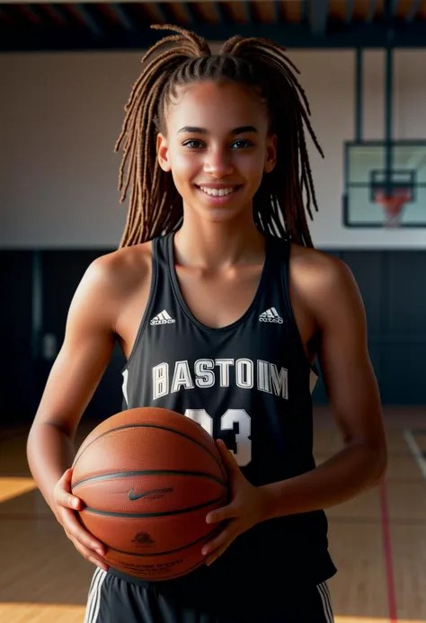 (medium full shot) of (photogenic basketball player) young woman, african, dark skin, hazel eyes, busty build, medium hazel dreadlocks hair, wearing a black tank top, basketball shorts, basketball shoes, holding a basketball,  elbow pad, set in  Private Gym, exclusive facility for the team with state-of-the-art equipment, private training areas, amenities for players , woman smiling at the viewer,  ,volumetric lighting, Masterpiece,best quality, photo, realistic, very aesthetic, detailed face,