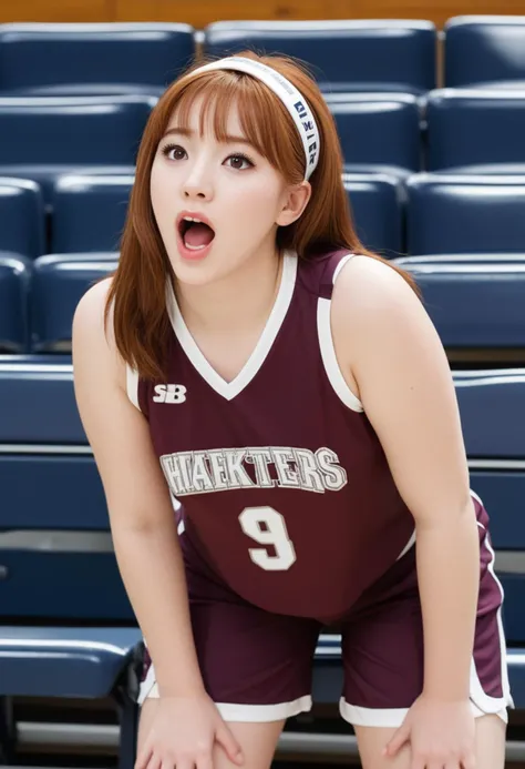 (medium full shot) of (sophisticated basketball player) young woman, korean, fair skin, hazel eyes, full-figured build, medium ginger curtain bangs hair, wearing a maroon jersey, team uniform shorts, ankle-support sneakers,   headband, set in  University Stadium, campus-based arena with basketball court, student seating section, cheerleaders' area, press box, woman surprised, open mouth, pointing her finger at the viewer,  ,Masterpiece,best quality, photo, realistic, very aesthetic, detailed face,