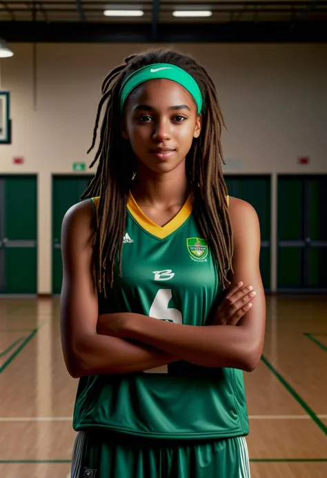 (medium full shot) of (sophisticated basketball player) young woman, south african, dark skin, light brown eyes, willowy build, long brown dreadlocks hair, wearing a green jersey, team uniform shorts, athletic sneakers, holding a basketball,  headband, set in  Sports Complex, multi-purpose facility with various courts, training areas, locker rooms, medical facilities, administrative offices, at night, woman laughing, arms crossed,  ,volumetric lighting, Masterpiece,best quality, photo, realistic, very aesthetic, detailed face,