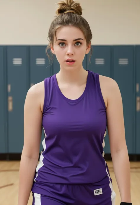 (medium full shot) of (photogenic basketball player) young woman, american, fair skin, olive green eyes, Average build, medium hazel messy bun hair, wearing a purple sleeveless shirt, compression shorts, high-top sneakers,   elbow pad, set in  Sports Complex, multi-purpose facility with various courts, training areas, locker rooms, medical facilities, administrative offices, woman surprised, open mouth, running toward the viewer,  ,Masterpiece,best quality, photo, realistic, very aesthetic, detailed face,