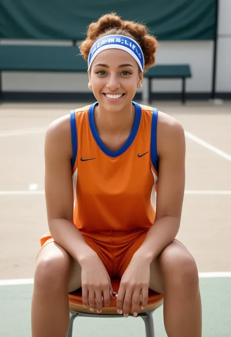 (medium full shot) of (striking basketball player) young woman, brazilian, tan skin, blue eyes, lithe build, short red low bun hair, wearing a orange team uniform jersey, athletic shorts, ankle-support sneakers,   headband, set in  Outdoor Practice Area, open-air space with multiple hoops, ample room for running drills, nearby seating for coaches and spectators , woman smiling at the viewer,  ,Masterpiece,best quality, photo, realistic, very aesthetic, detailed face,