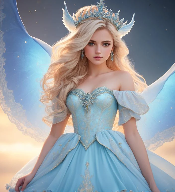 a photography, HD,, photo, woman, beautiful dress ornate, mdjrny-v5, style portrait of a gorgeous blond female in the style of stefan kostic, realistic, half body shot, sharp focus, 8 k high definition, insanely detailed, intricate, elegant, art by stanley lau and artgerm, extreme blur flames background, Princess girl with wing, Blue, Pastel, glitter, dramatic, dreamy, pastel, Watercolor, Whimsical, Delicate, seashell crown, Trending on Artstation, Highly detailed, Intricate, Portrait, digital painting, Fantasy theme, Fantasy robes, Fantasy concept art, Fantasy character art, Smug, age girl, perfect body, full body, dreamy, pastel, Watercolor, Whimsical, Delicate, seashell crown masterpiece, 8k, perfect lighting, , adult, female, cowboy shot, looking at viewer, cinematic lighting, Fawn
