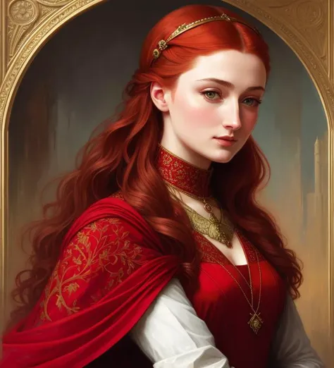 portrait of sansa stark in red, intricate, elegant, highly detailed, digital painting, artstation, concept art, smooth, sharp focus, illustration, art by artgerm and greg rutkowski and alphonse mucha and william - adolphe bouguereau, Jean-Baptiste Monge