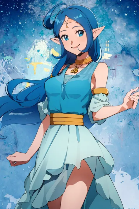 <lora:noelia_ponce_style:0.8>,((masterpiece,best quality)), absurdres, <lora:Nayru_Zelda_Anime:0.8>, Nayru_Zelda, ahoge, long dress, multi-layered dress, solo, smiling, looking at viewer, cowboy shot,
