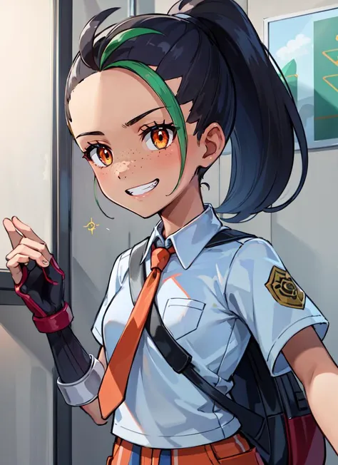 ((best quality)), ((highly detailed)), masterpiece, absurdres, (detailed eyes, deep eyes), (1girl), fisheye lense, dynamic pose, upper body, <lora:PKMN_Nemona-DEF:.65>, nemona (pokemon), green streaked hair, long hair, ponytail, orange eyes, freckles, dark-skinned female, grin, school uniform, collared shirt, blue necktie blue shorts, black pantyhose, single glove, bag, (indoors, on an elevator)