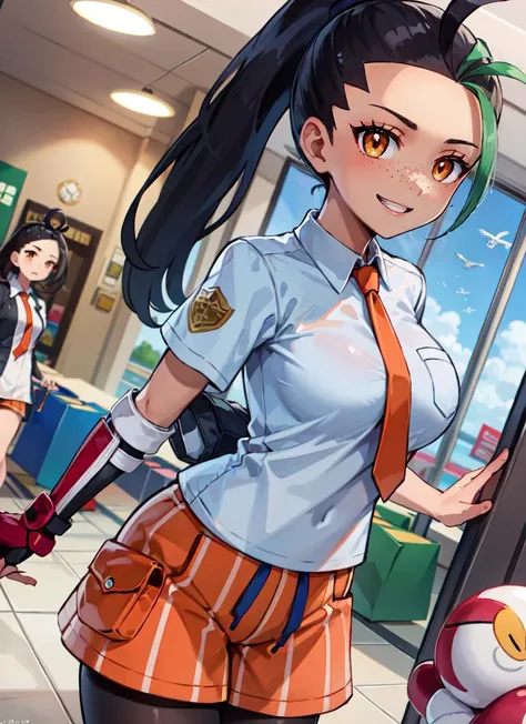 ((best quality)), ((highly detailed)), masterpiece, absurdres, (detailed eyes, deep eyes), (1girl), dynamic pose, cowboy shot, wide shot, <lora:PKMN_Nemona-DEF:.65>, nemona (pokemon), green streaked hair, long hair, ponytail, orange eyes, freckles, dark-skinned female, smiling, school uniform, collared shirt, orange necktie, orange shorts, black pantyhose, single glove, (indoors, in a shopping mall, (((multiple girls))))