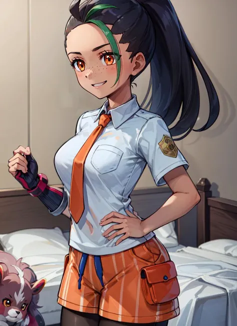 ((best quality)), ((highly detailed)), absurdres, (detailed eyes, deep eyes), (1girl), cowboy shot, ((wide shot)), <lora:hairdetailer:.5>, <lora:PKMN_Nemona-DEF:.75>, nemona (pokemon), green streaked hair, long hair, ponytail, orange eyes, freckles, dark-skinned female, smiling, school uniform, collared shirt, orange necktie, orange shorts, black pantyhose, single glove, (indoors, in a bedroom, sleepy)