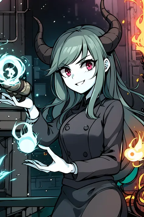 masterpiece, 1girl, simmer, green skin, colored skin, green hair, red eyes, horns, black jacket, smile, city, night, dark, noir, magic, green fire, magic flames