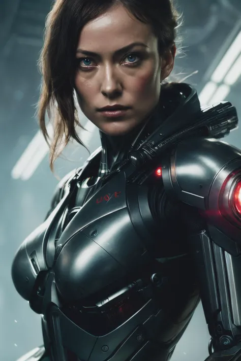 owd, ((best quality)), ((masterpiece)), (detailed), Midjourney Style, close-up, woman, robot, red eyes, concept art, inspired by Marek Okon, digital art, Crysis Nanosuit, futuristic, (glowing elements:1.1), 4:3 aspect ratio, dynamic duo <lyco:OliviaWilde-RealVision-V1.0:1.0>