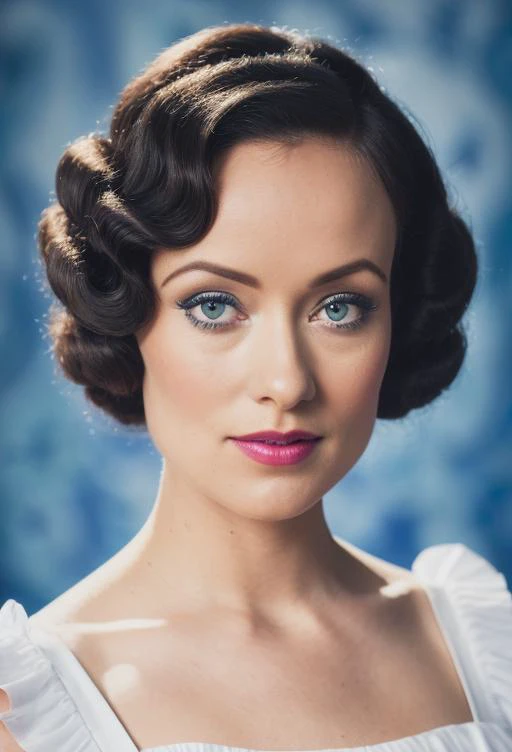 a up close face photo of owd wearing a milk maid dress, (blue milk maid dress), (upright pin curl hairstyle), (black hair), (kitchen background), elegant, highly detailed. vibrant, photorealistic, realistic, sharp focus, 8k,<lyco:OliviaWilde-RealVision-V1.0:1.0>