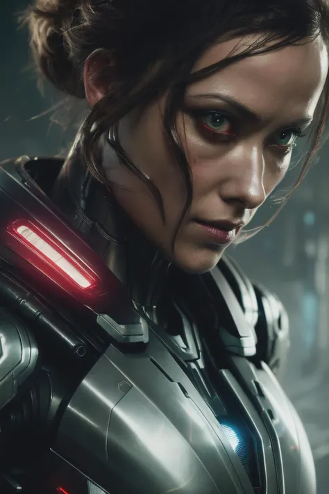 owd, ((best quality)), ((masterpiece)), (detailed), Midjourney Style, close-up, woman, robot, red eyes, concept art, inspired by Marek Okon, digital art, Crysis Nanosuit, futuristic, (glowing elements:1.1), 4:3 aspect ratio, dynamic duo <lyco:OliviaWilde-RealVision-V1.0:1.0>